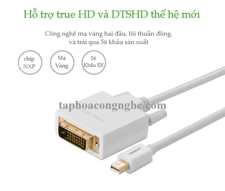 Ugreen 10425 3M Màu Trắng Cáp chuyển đổi Mini DP sang DVI 24 + 1 hỗ trợ phân giải 1080P MD102 30010425